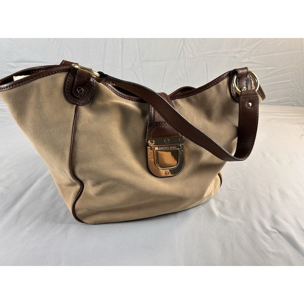 Michael Kors Suede Leather Trim Tote Brown Shoulder Bag Gold Lock